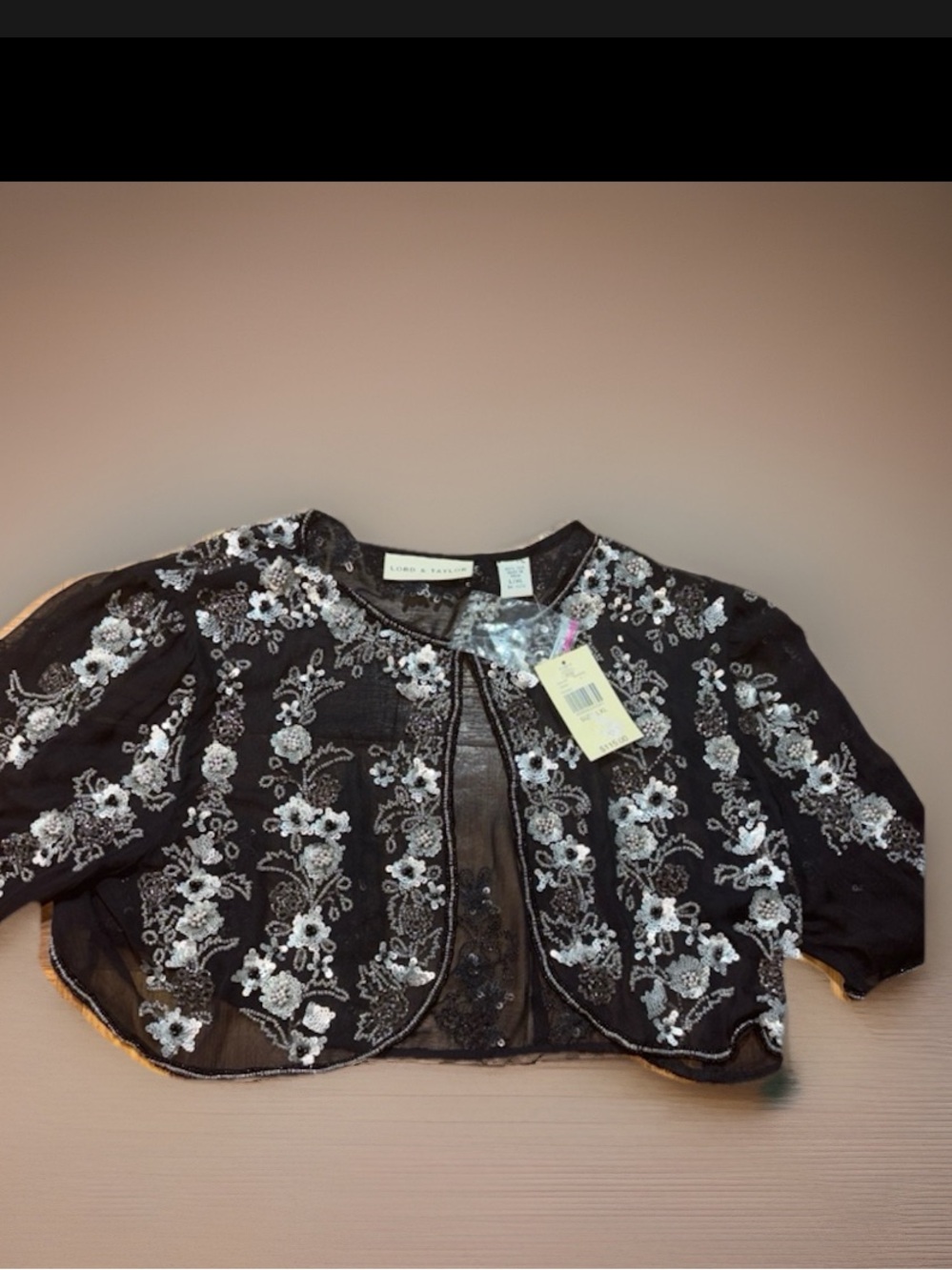 NWTs. vintage Lord & Taylor sheer black embroidered shrug,Womens Size L/XL
